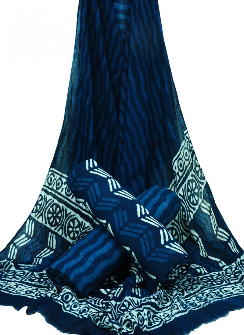 Indigo Blue Hand Block Printed Pure Cotton Unstitched Suit with Chiffon Dupatta - JBGC11