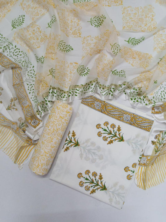 White Base Kalamkari Buta Hand Block Printed Pure Cotton Unstitched Suit with Chiffon Dupatta - JB74