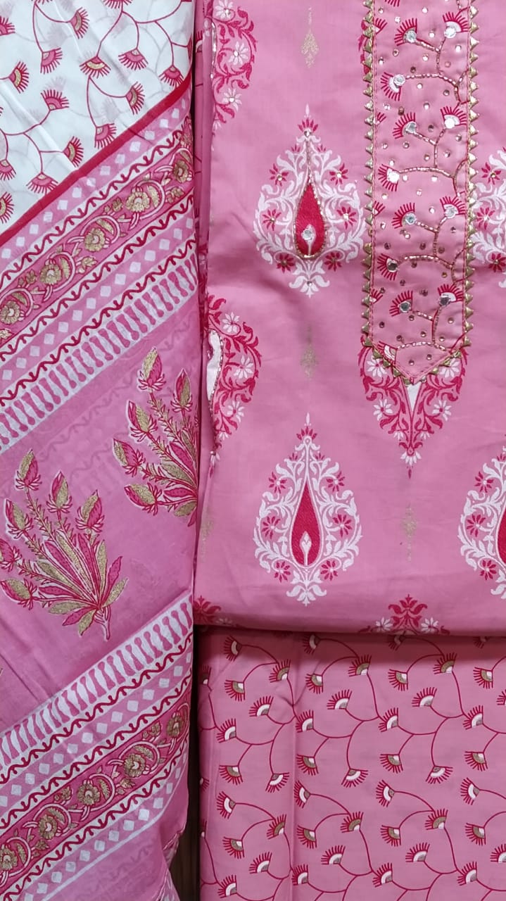 Small Floral Buti Cotton Hand Block Printed Gota Patti Suits with Cotton Dupatta- JBXGP53