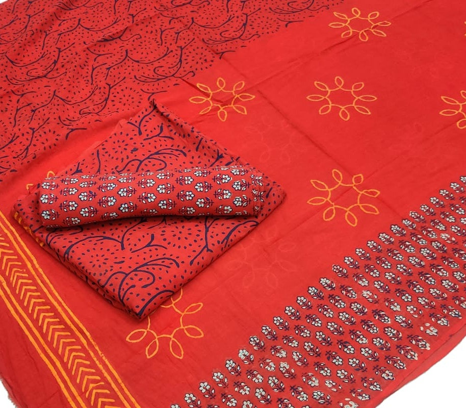Pure Cotton Hand Block Printed Unstitched Salwar Suit Set With Cotton/Mulmul Dupatta - JBG144
