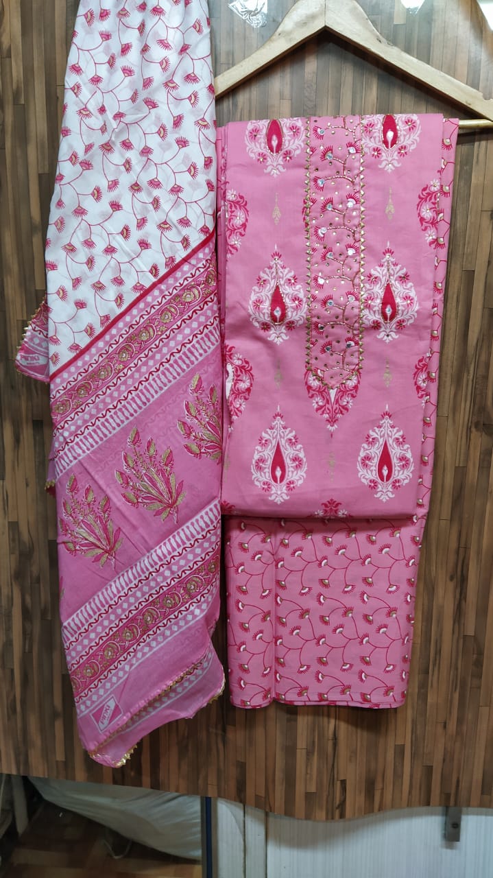 Small Floral Buti Cotton Hand Block Printed Gota Patti Suits with Cotton Dupatta- JBXGP53
