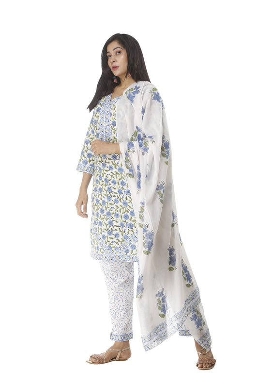 Unstitched Floral Block Print Salwar suit with Cotton Dupatta - JB304