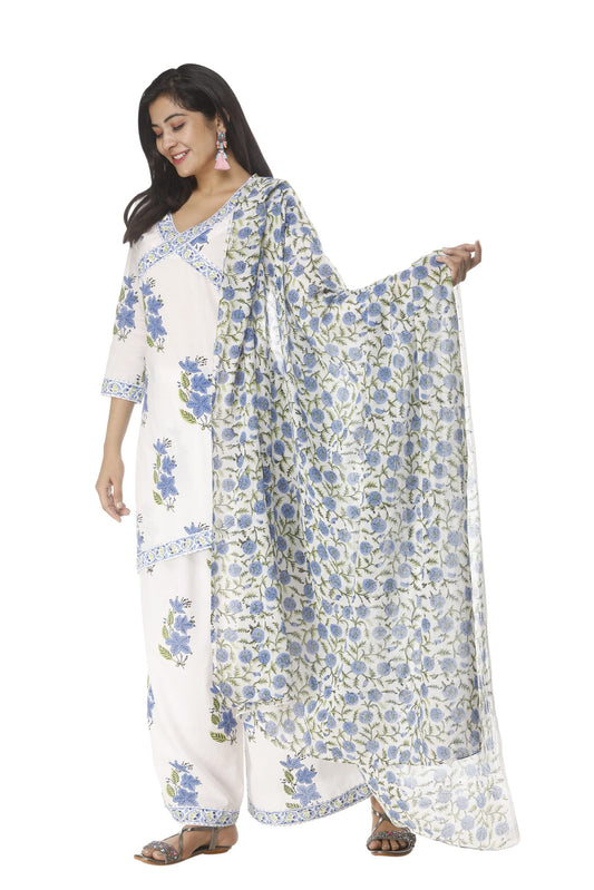 Unstitched Floral Block Print Kurta & Palazzo Fabric with Cotton Dupatta - JB290