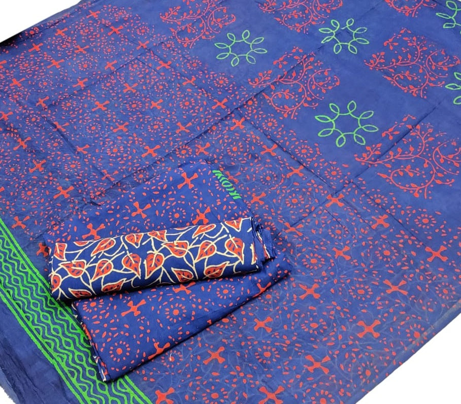 Hand Block Printed Pure Cotton Unstitched Salwar Suit Set With Cotton/Mulmul Dupatta - JBG158
