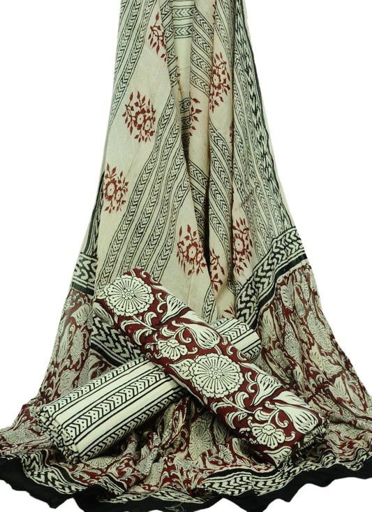 Cotton Unstitched Hand Block Printed Suit With Chiffon Dupatta - JBGC85