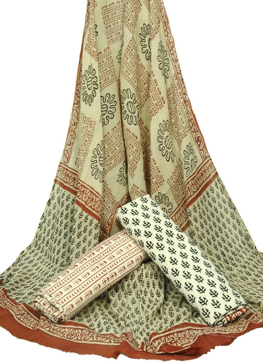 Hand Block Printed Pure Cotton Unstitched Suit With Chiffon Dupatta - JBGC84