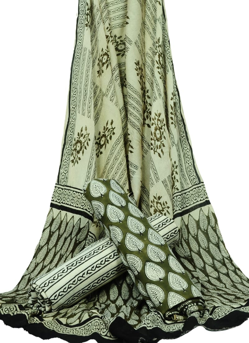 Cotton Unstitched Hand Block Printed Suit With Chiffon Dupatta - JBGC82