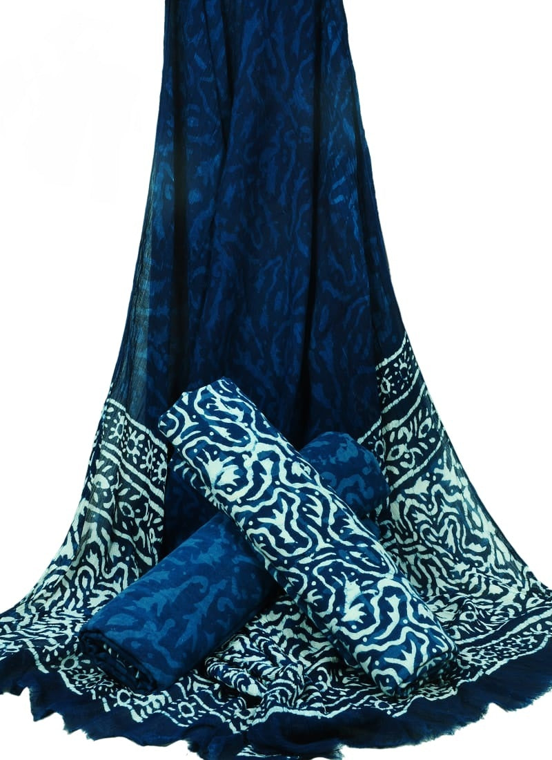 Indigo Blue Hand Block Printed Pure Cotton Unstitched Suit with Chiffon Dupatta - JBGC10