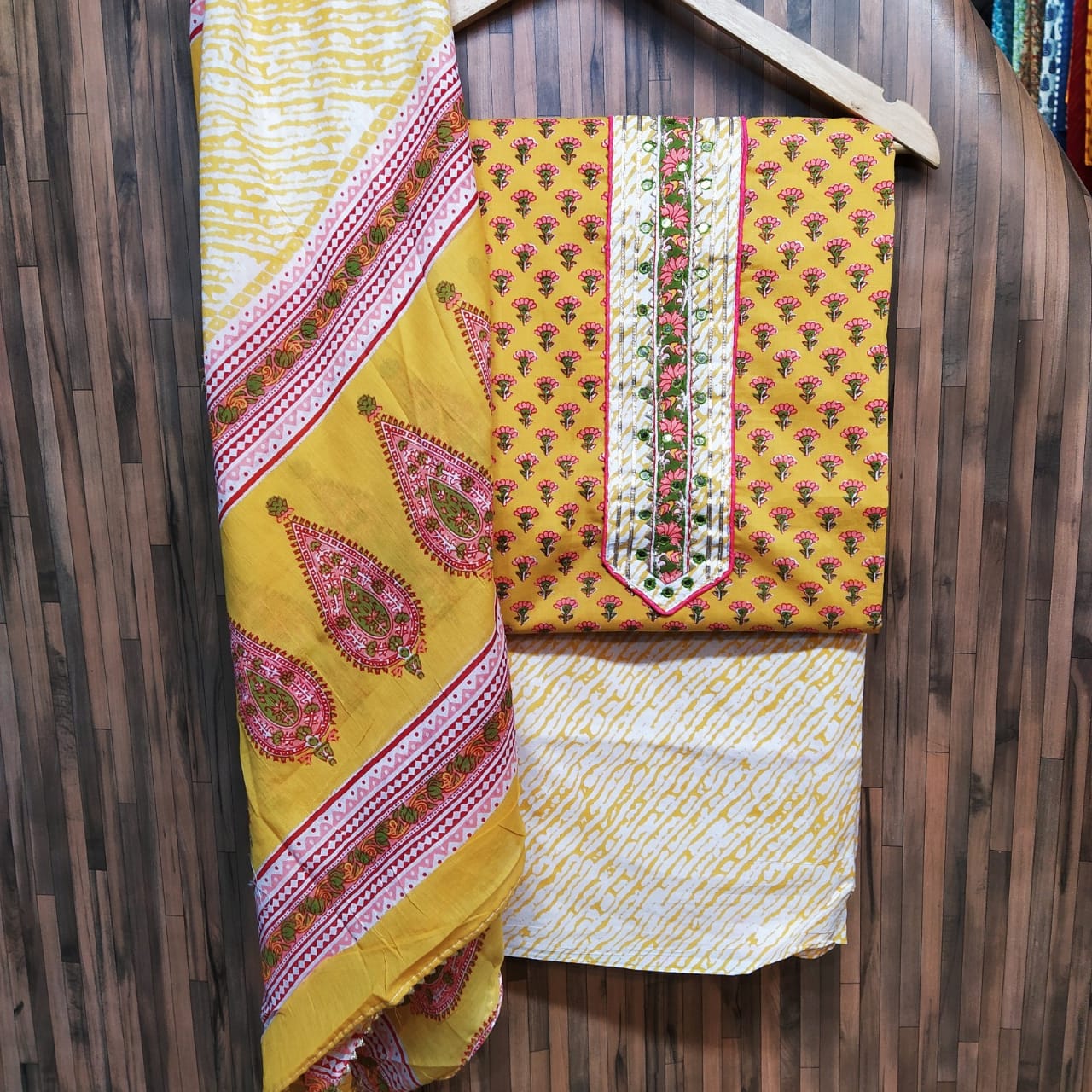 Small Buti Print Floral Cotton Hand Block Printed Gota Patti Suits with Cotton Dupatta- JBXGP91