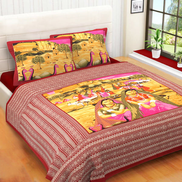 Maroon Pure Cotton Women Printed Double Bedsheet With Pillow Covers