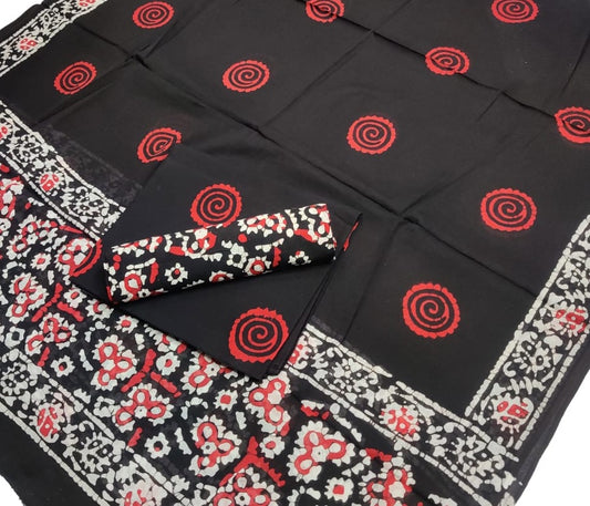 Hand Block Printed Pure Cotton Unstitched Salwar Suit Set With Cotton/Mulmul Dupatta - JBG152
