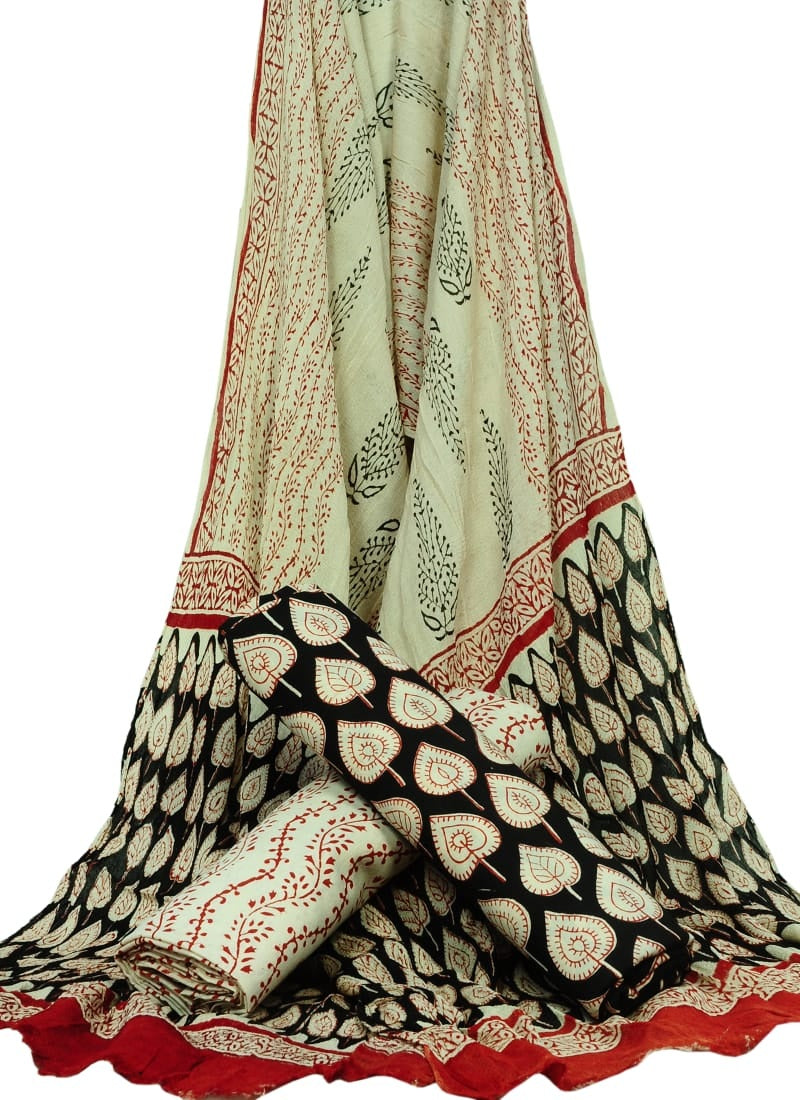 Cotton Unstitched Hand Block Printed Suit With Chiffon Dupatta - JBGC79