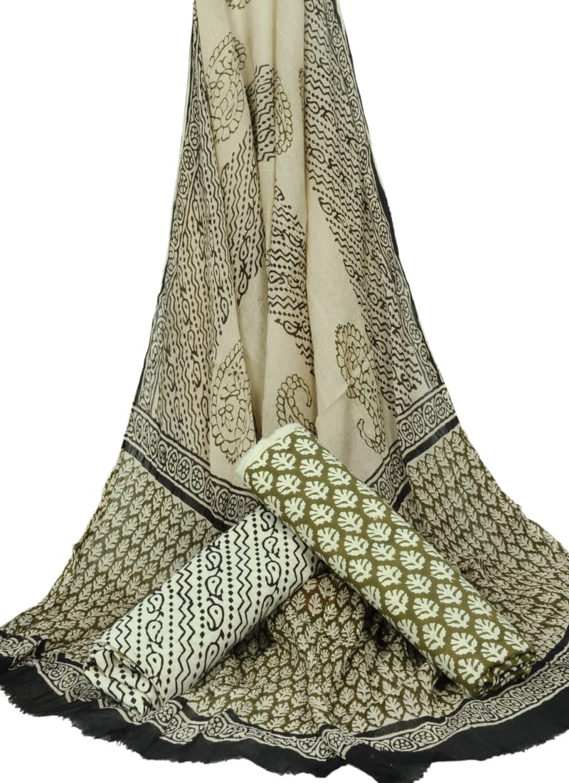 Cotton Unstitched Hand Block Printed Suit With Chiffon Dupatta - JBGC76