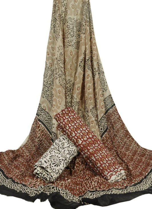 Hand Block Printed Pure Cotton Unstitched Suit With Chiffon Dupatta - JBGC75