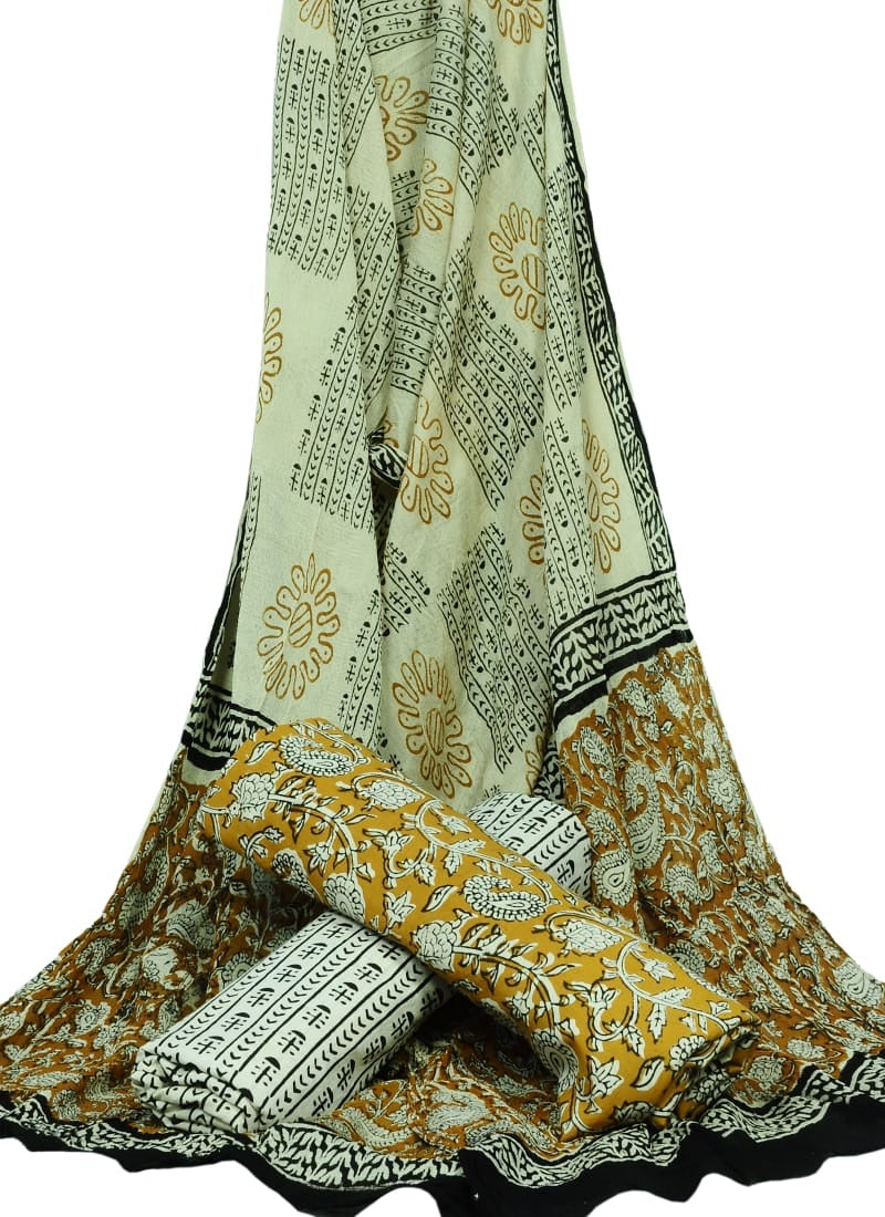Hand Block Printed Pure Cotton Unstitched Suit With Chiffon Dupatta - JBGC72