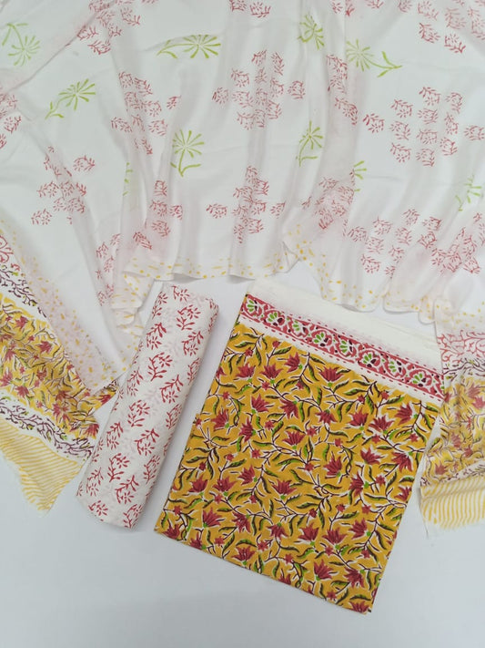 Yellow with Red Florals Hand Block Printed Pure Cotton Unstitched Suit with Chiffon Dupatta - JB70