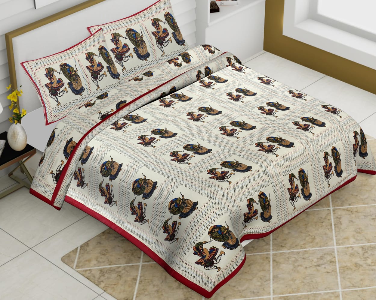Off White Cotton King Size Dhola Maru Print Animal Pattern Barmeri Bedsheet With Two Pillow Covers - JBBB77