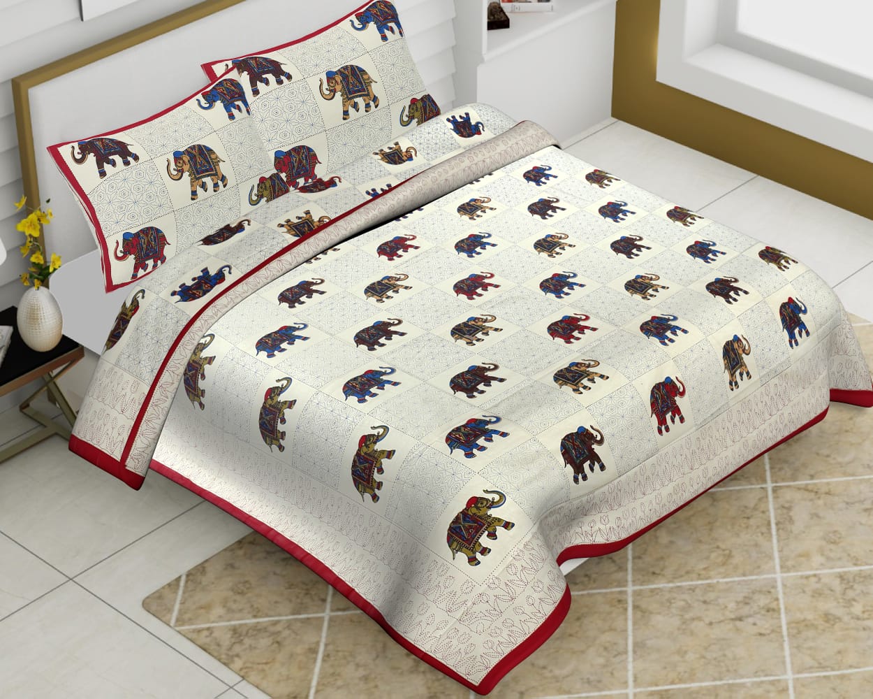 Off White Cotton King Size Elephant Print Animal Pattern Barmeri Bedsheet With Two Pillow Covers - JBBB76