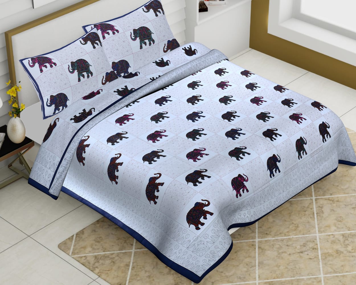 Cotton King Size Elephant Print Animal Pattern Barmeri Bedsheet With Two Pillow Covers - JBBB75