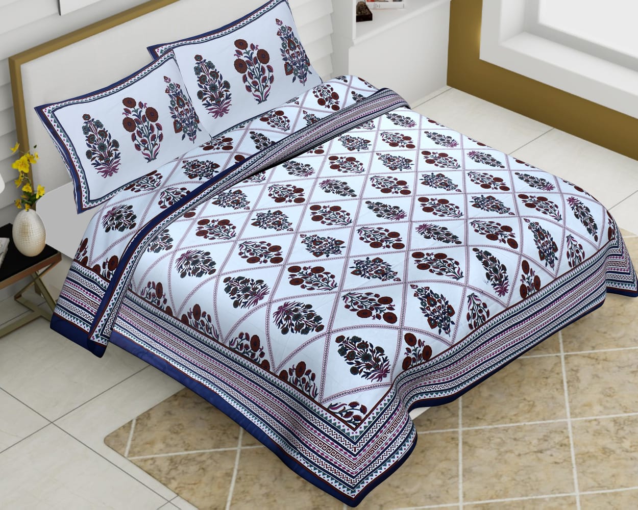 White Base Cotton King Size Boota Print Floral Pattern Barmeri Bedsheet With Two Pillow Covers - JBBB74