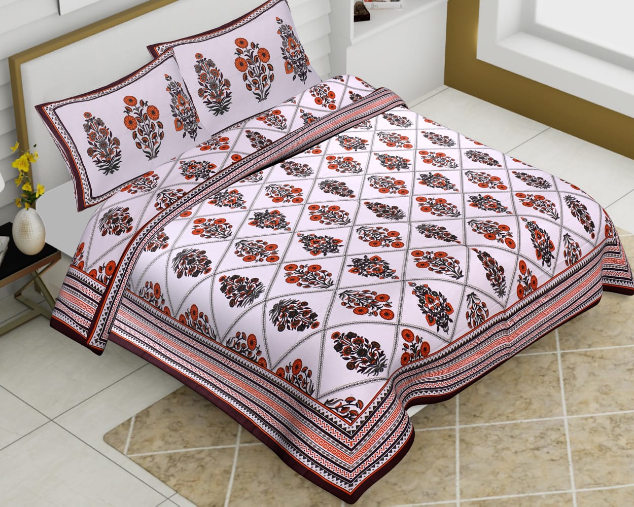 White Base Cotton King Size Boota Print Floral Pattern Barmeri Bedsheet With Two Pillow Covers - JBBB73