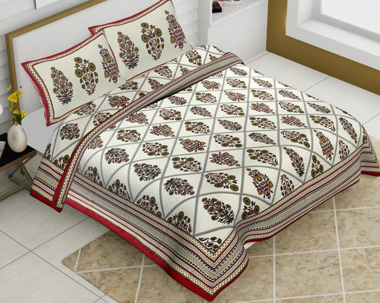 Off White Cotton King Size Boota Print Floral Pattern Barmeri Bedsheet With Two Pillow Covers - JBBB72