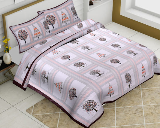 White Base Cotton King Size Tree Prinr Barmeri Bedsheet With Two Pillow Covers - JBBB70