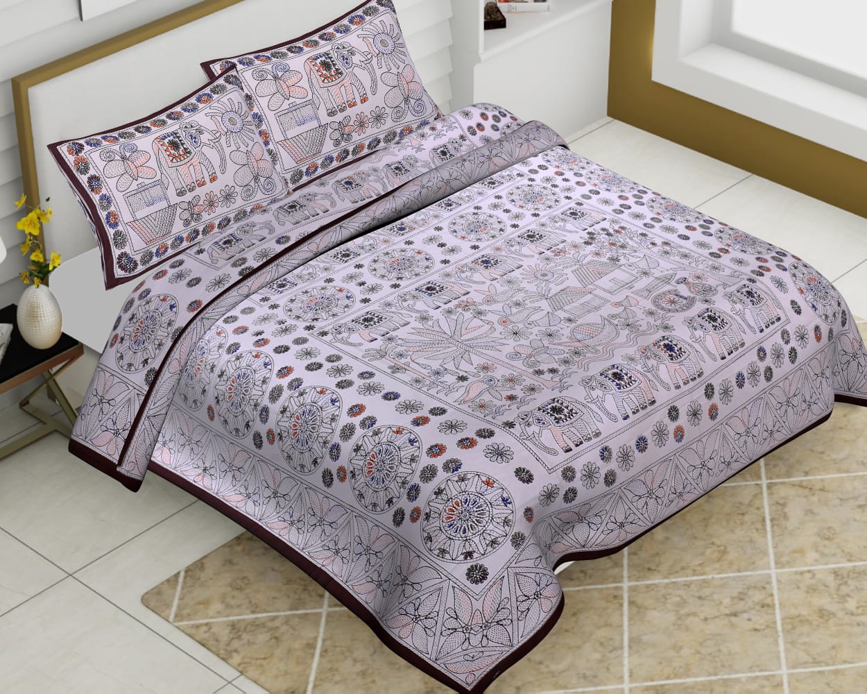 Cotton King Size Multi Pattern Barmeri Bedsheet With Two Pillow Covers - JBBB69