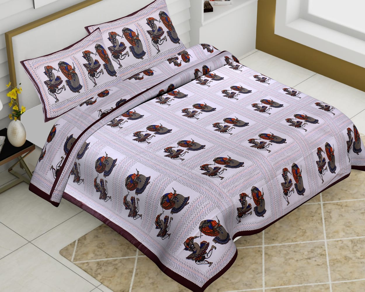 Cotton Dhola Maru Print Barmeri Bedsheet With Two Pillow Covers - JBBB68