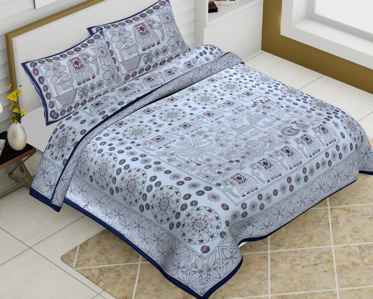 Cotton King Size Multi Pattern Barmeri Bedsheet With Two Pillow Covers - JBBB66