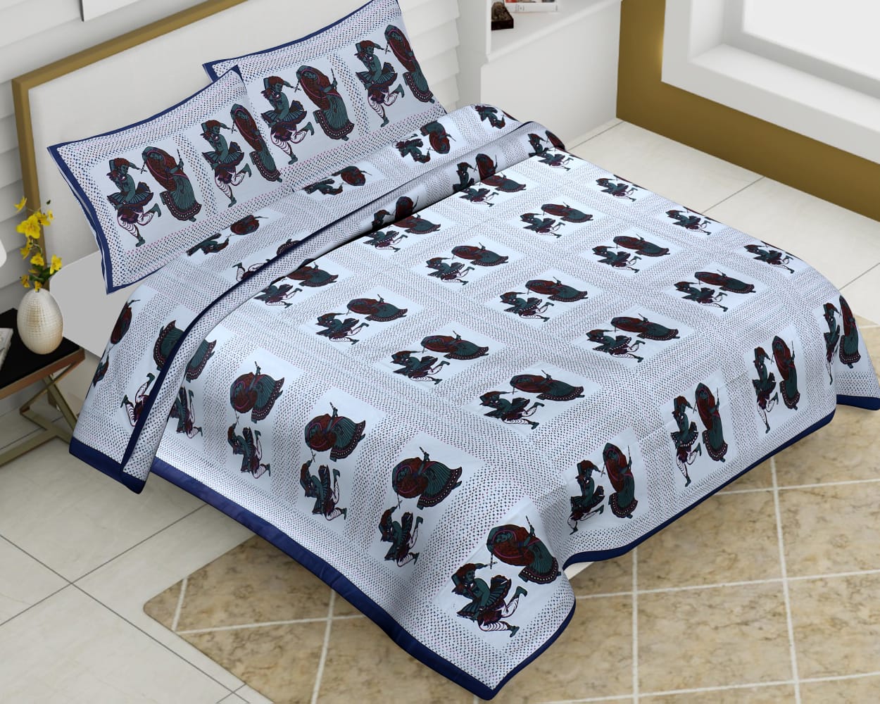 White Base Cotton King Size Dhola Maru print Barmeri Bedsheet With Two Pillow Covers - JBBB65
