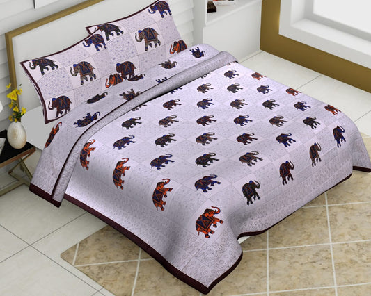 White Base Cotton King Size Elephant Print Barmeri Bedsheet With Two Pillow Covers - JBBB63