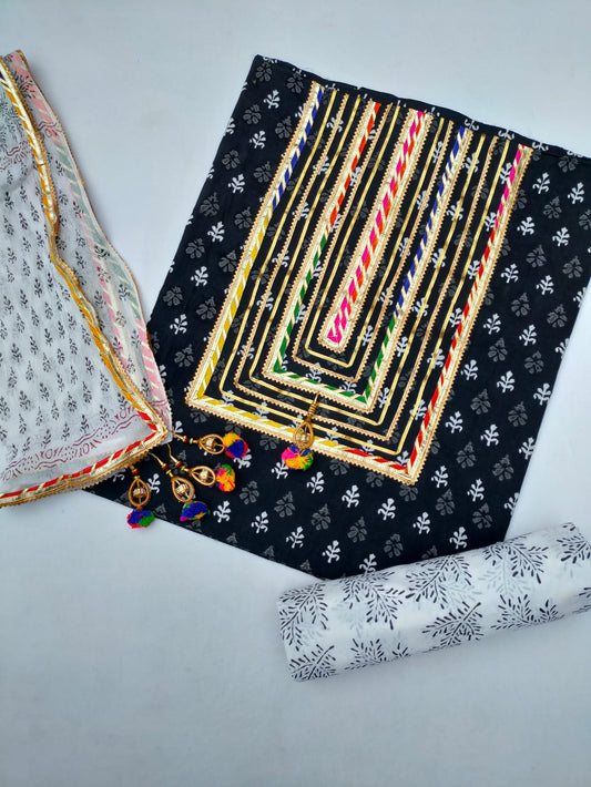 Jaipuri Cotton Hand Block Printed Gota Patti Suit with Chiffon Dupatta- JBGP119