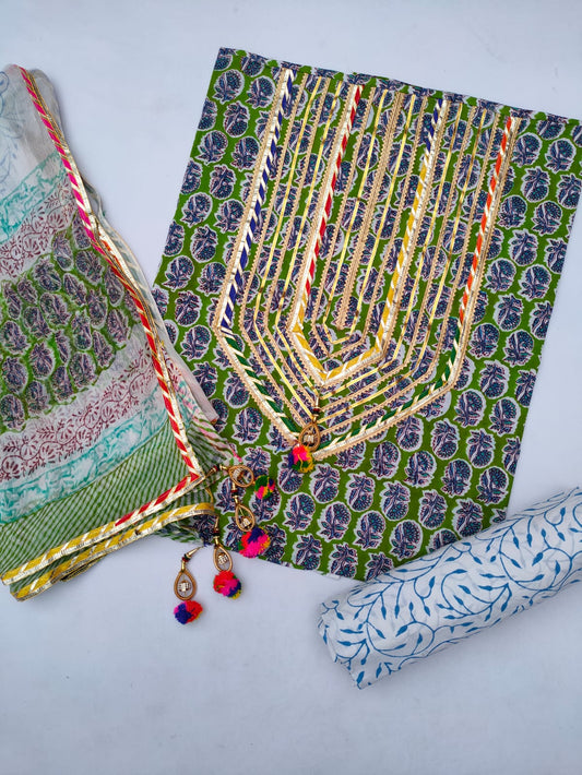Hand Block Printed Gota Patti Suit With Chiffon Dupatta- JBGP120