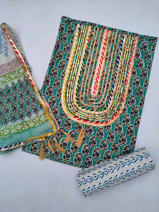Cotton Hand Block Printed Gota Patti Suit with Chiffon Dupatta- JBGP123