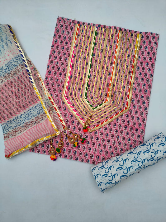 Jaipuri Cotton Hand Block Printed Gota Patti Suit with Chiffon Dupatta- JBGP126