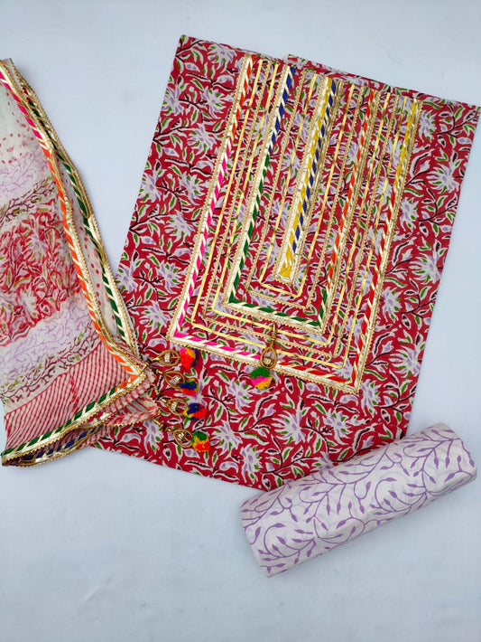 Hand Block Printed Gota Patti Suit With Chiffon Dupatta- JBGP127