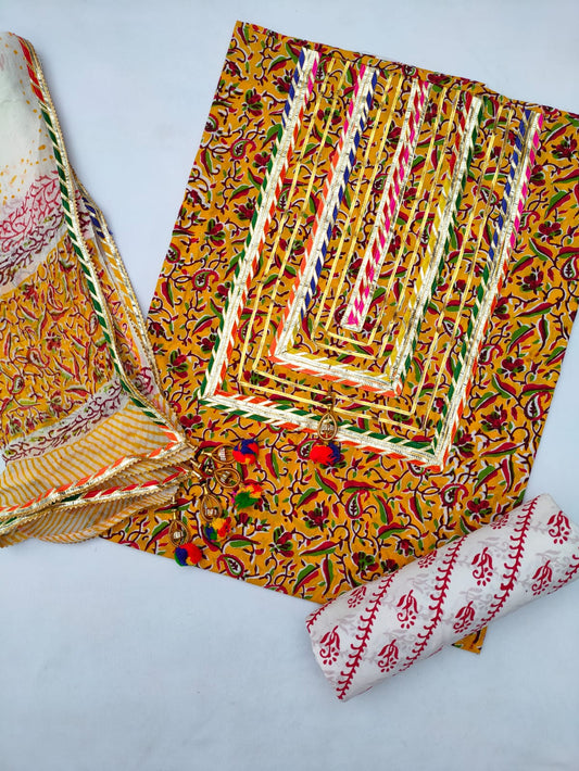 Jaipuri Cotton Hand Block Printed Gota Patti Suit with Chiffon Dupatta- JBGP128