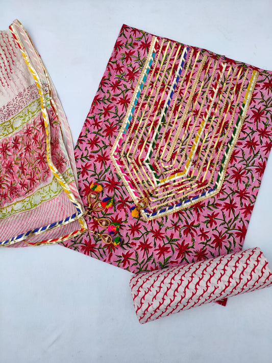 Cotton Hand Block Printed Gota Patti Suit with Chiffon Dupatta- JBGP130