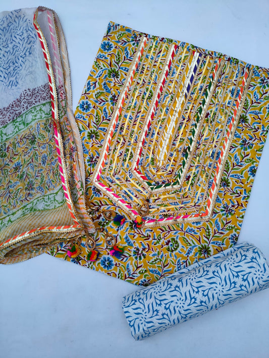 Jaipuri Cotton Hand Block Printed Gota Patti Suit with Chiffon Dupatta- JBGP131
