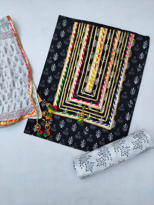 Cotton Gota Patti Hand Block Printed Salwar Suit Set With Chiffon Dupatta- JBGP132