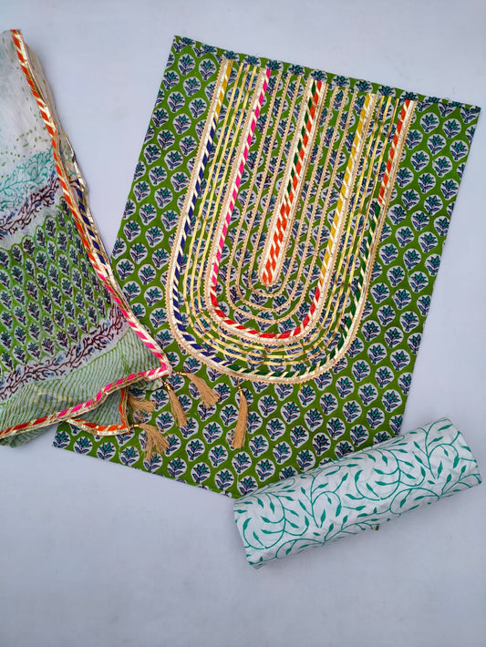 Jaipuri Cotton Hand Block Printed Gota Patti Suit with Chiffon Dupatta- JBGP135