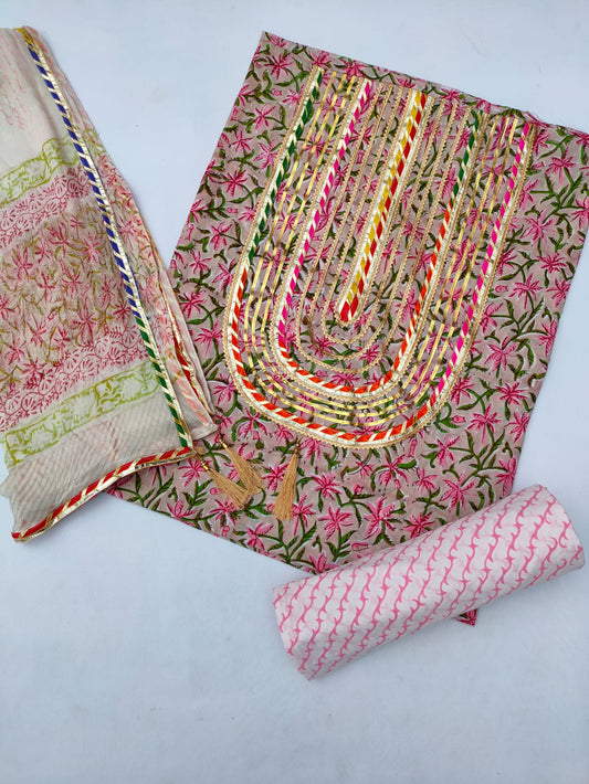 Jaipuri Cotton Hand Block Printed Gota work Suit with Chiffon Dupatta - JBGP136