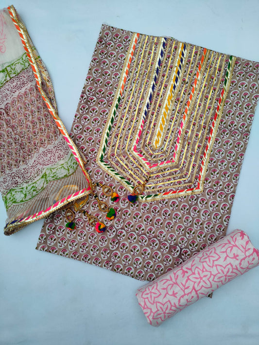 Cotton Gota Patti Hand Block Printed Salwar Suit Set With Chiffon Dupatta- JBGP137