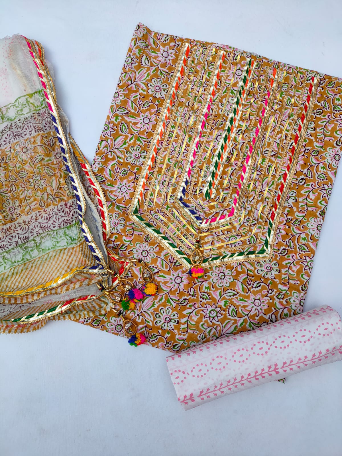 Jaipuri Cotton Hand Block Printed Gota Patti Suit with Chiffon Dupatta- JBGP114