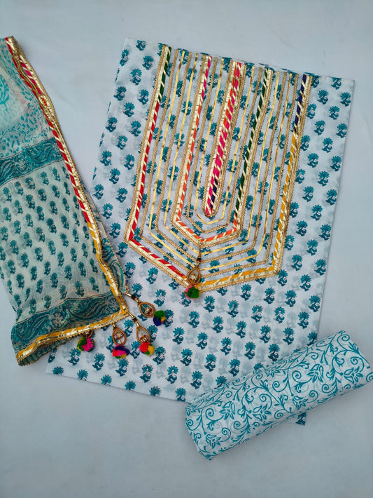 Cotton Hand Block Printed Gota Patti Suit with Chiffon Dupatta- JBGP116