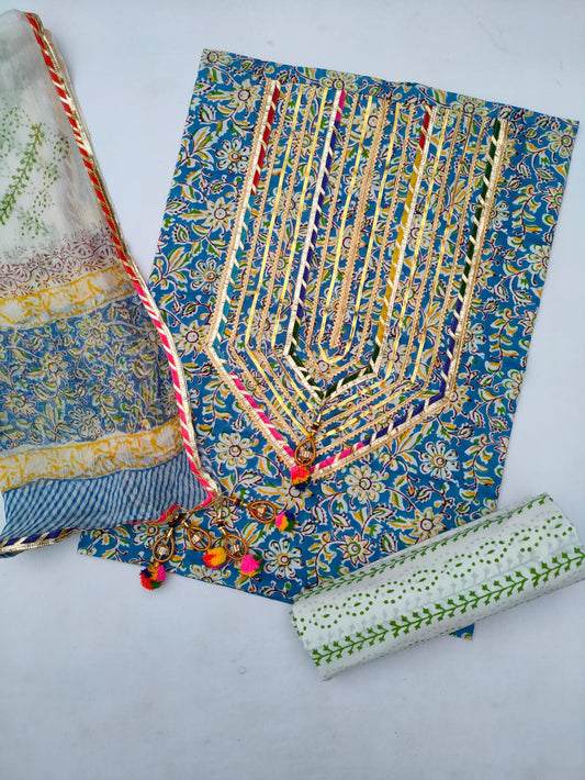 Jaipuri Cotton Hand Block Printed Gota Patti Suit with Chiffon Dupatta- JBGP117