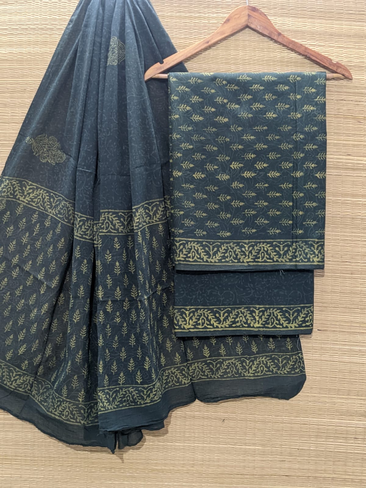 Pure Cotton Hand Block Unstitched Salwar Suit Set With Cotton/Mulmul Dupatta - JBOCM74