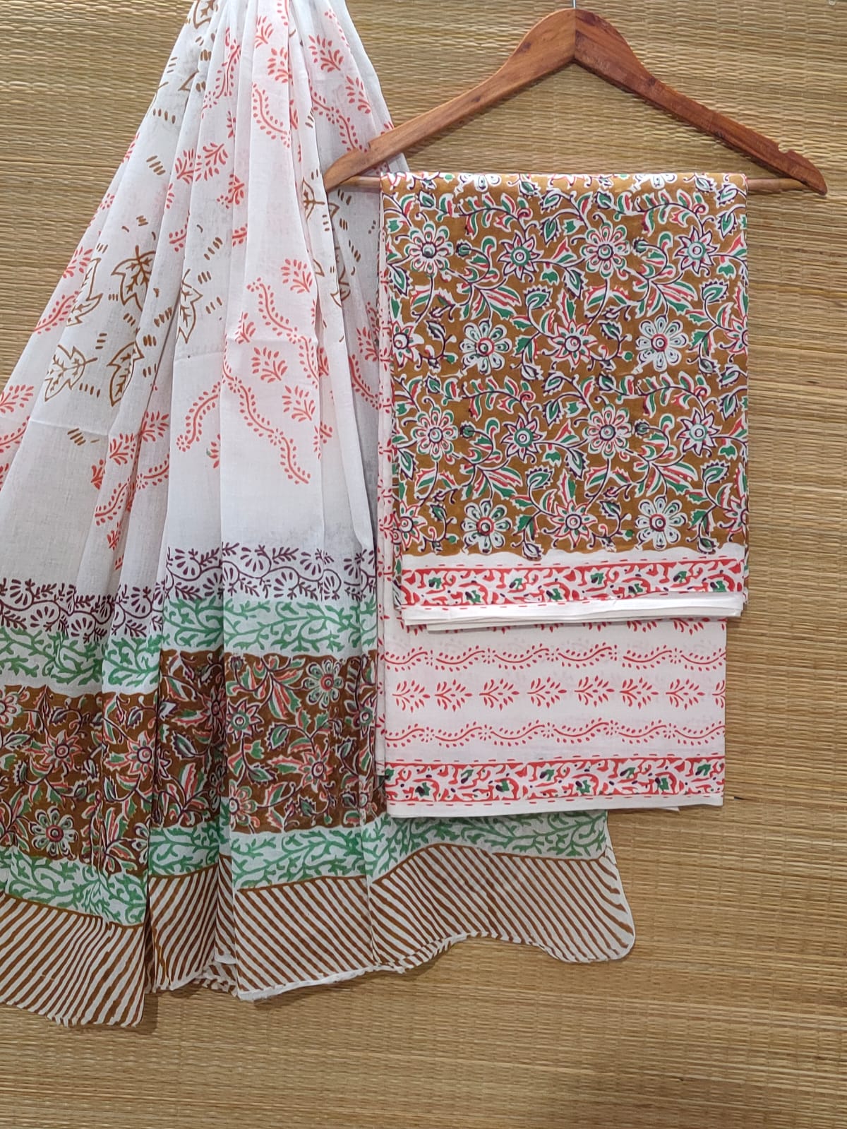 Pure Cotton Hand Block Unstitched Salwar Suit Set With Cotton/Mulmul Dupatta - JBOCM84