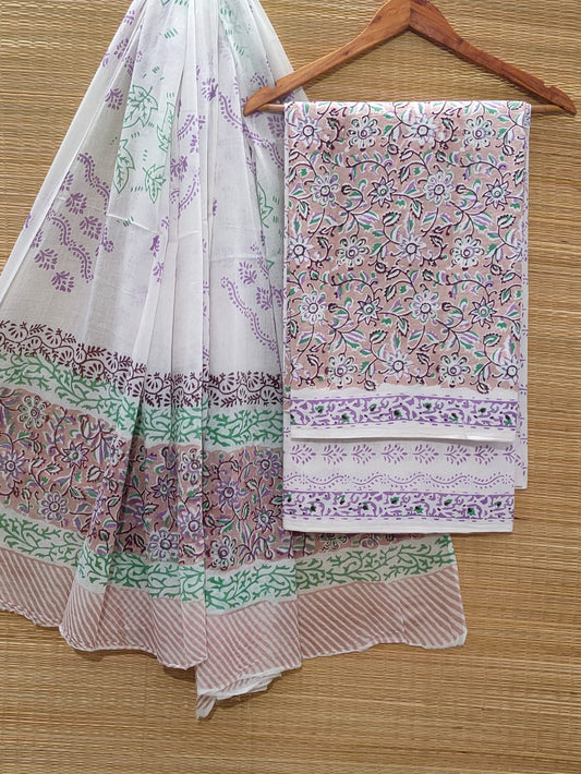 Pure Cotton Hand Block Unstitched Salwar Suit Set With Cotton/Mulmul Dupatta - JBOCM85